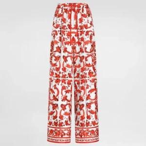 Majolica-print silk trousers
