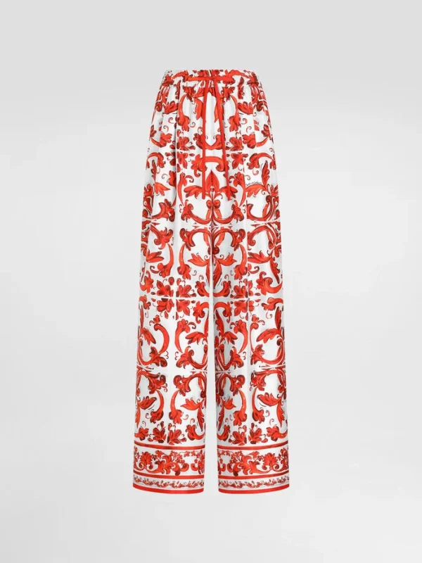 Majolica-print silk trousers
